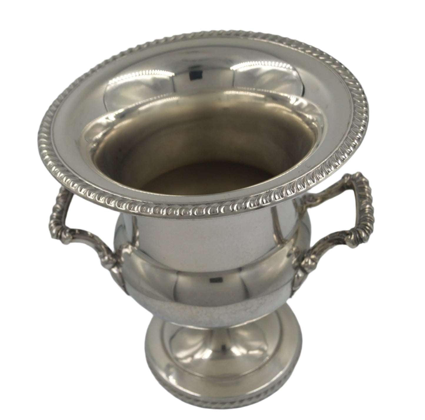 Wm Rogers Champagne bucket with rope top trim, handles and base it stands 10 inches high.