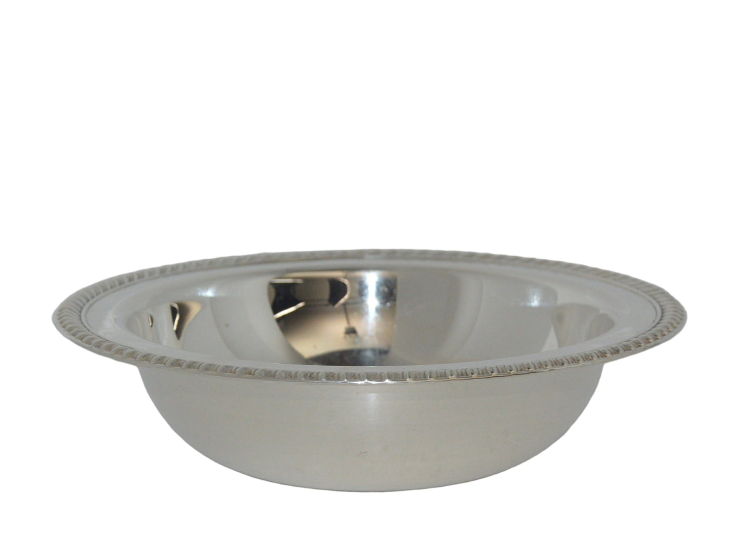 Vintage round silver plated serving bowl with rope top by W. M. Rogers #862 measures 10 1/2" wide x 2 1/2" deep
