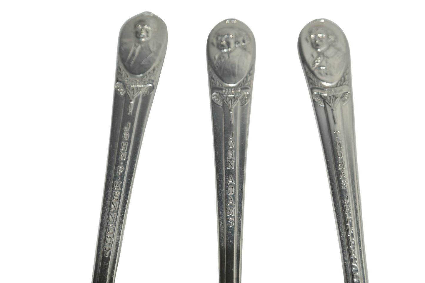 Vintage silver-plated presidential Spoons set of 3, Thomas Jefferson, John Adams and Robert F. Kennedy