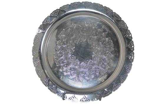 Vintage silver-plated round tray/ serving platter (pre-owned) marked by Home Decorators INC. Measuring 15" wide