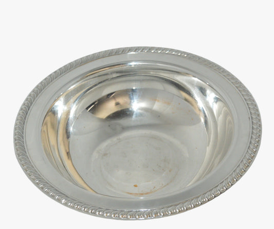 Vintage round silver plated serving bowl with rope top by W. M. Rogers #862 measures 10 1/2" wide x 2 1/2" deep
